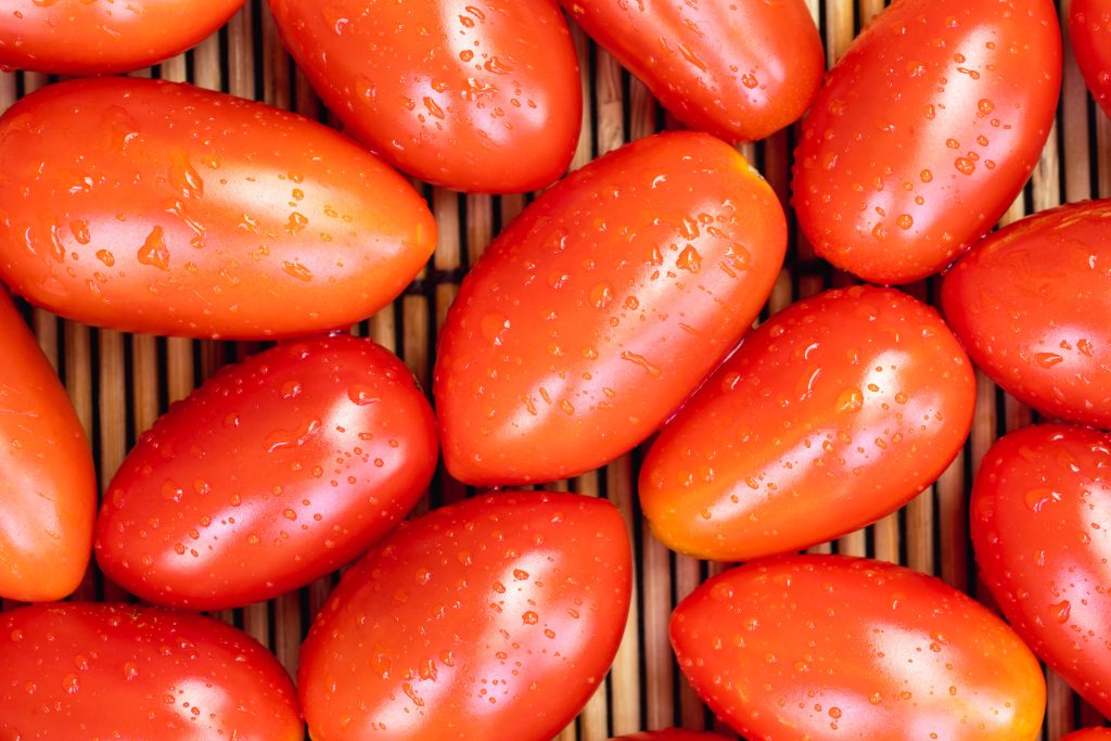 Fresh Roma tomatoes with water droplets, a carotenoid-rich food that supports antioxidant defenses and healthy aging
